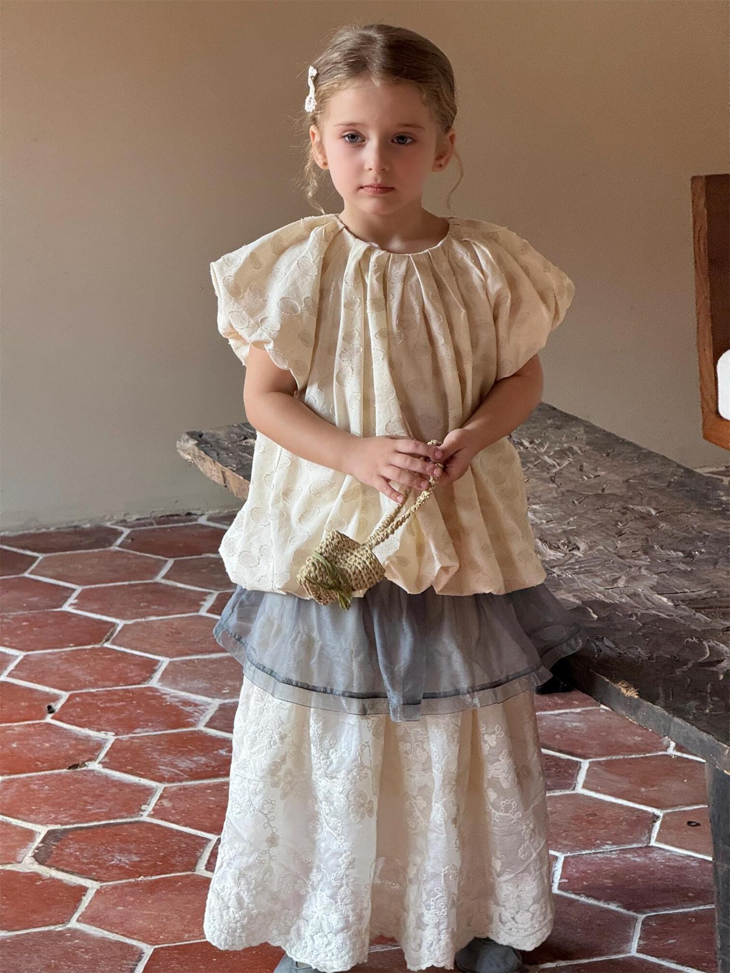 半袖シャツ・ブラウス オーバルエンボス半袖パフスリーブバルーンスモックブラウス【mh0010270】