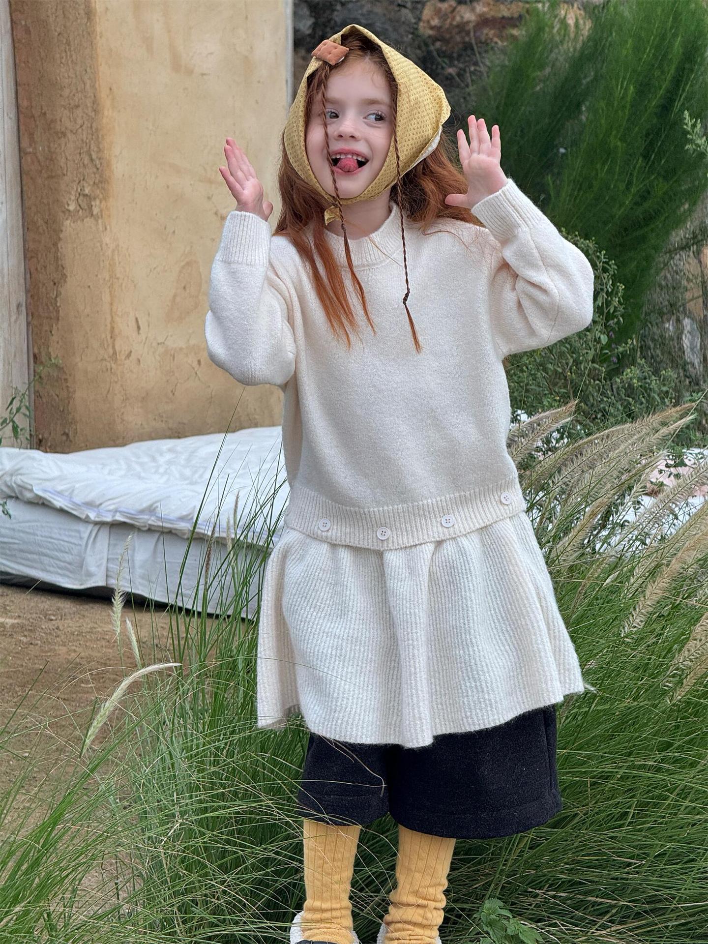 長袖ワンピース 長袖セーターワンピース プルオーバー フリル裾 ドッキング バイカラー ニット【mh0011741】