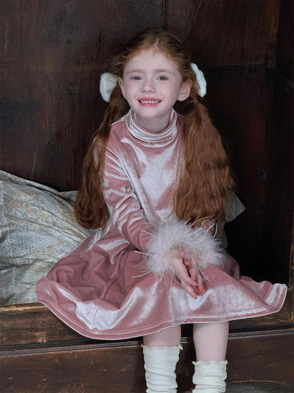 長袖ワンピース ベロアワンピース ハイネック 裏起毛 パーティドレス【mh0011752】