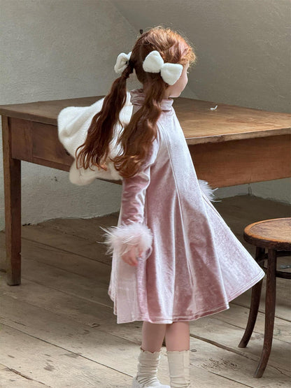 長袖ワンピース ベロアワンピース ハイネック 裏起毛 パーティドレス【mh0011752】