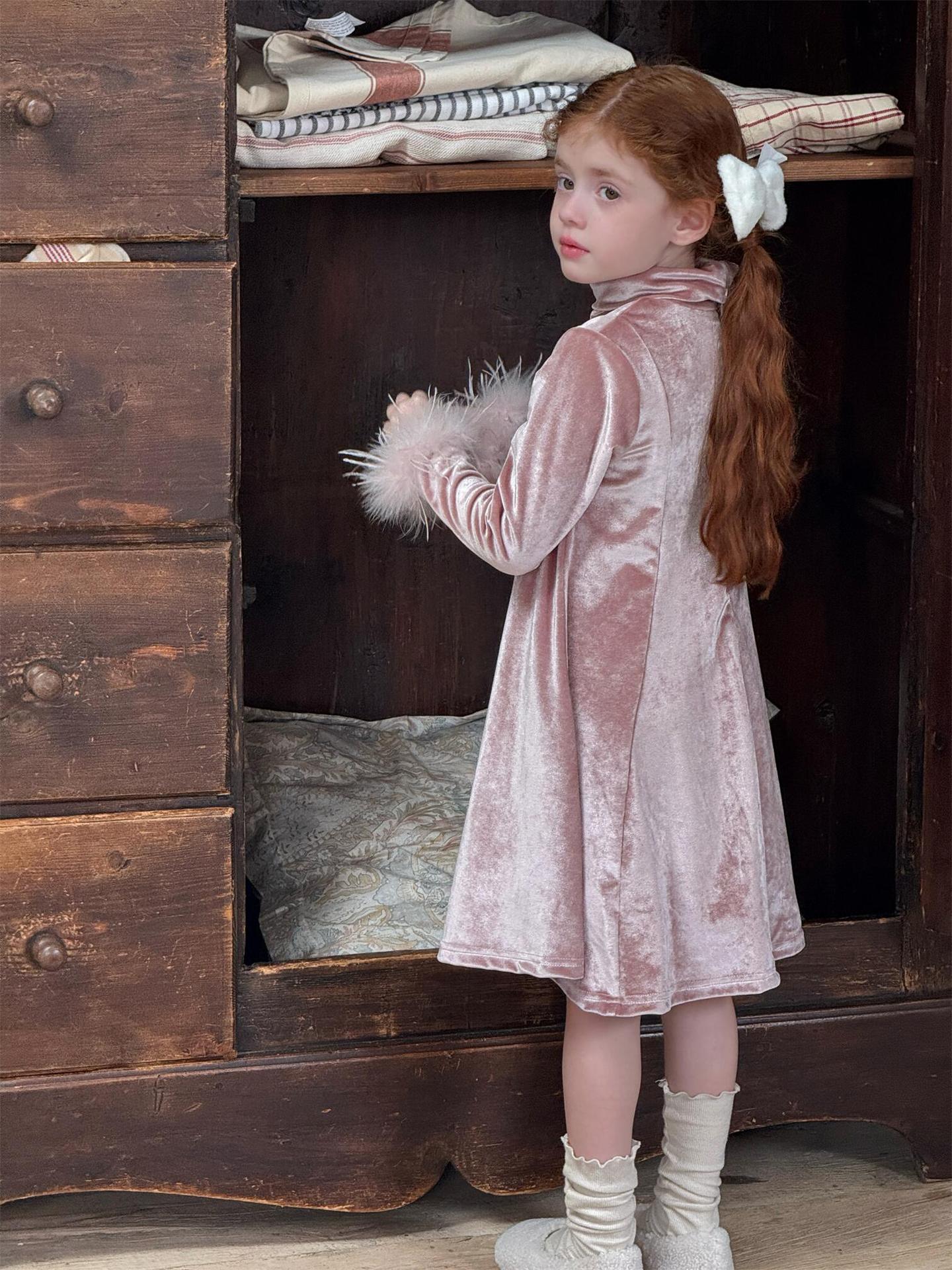 長袖ワンピース ベロアワンピース ハイネック 裏起毛 パーティドレス【mh0011752】