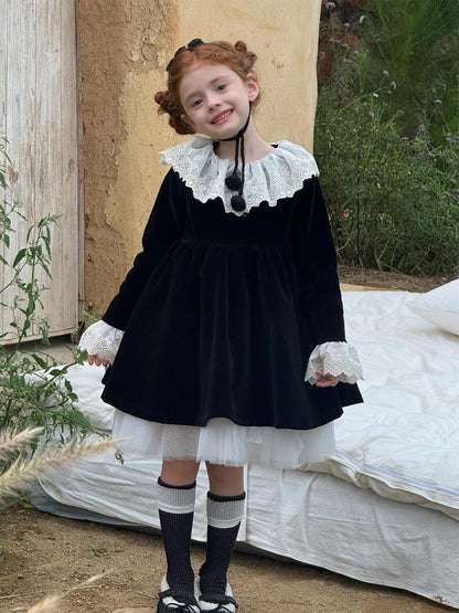 長袖ワンピース 長袖ワンピース レースフリルカラー パーティドレス【mh0011762】