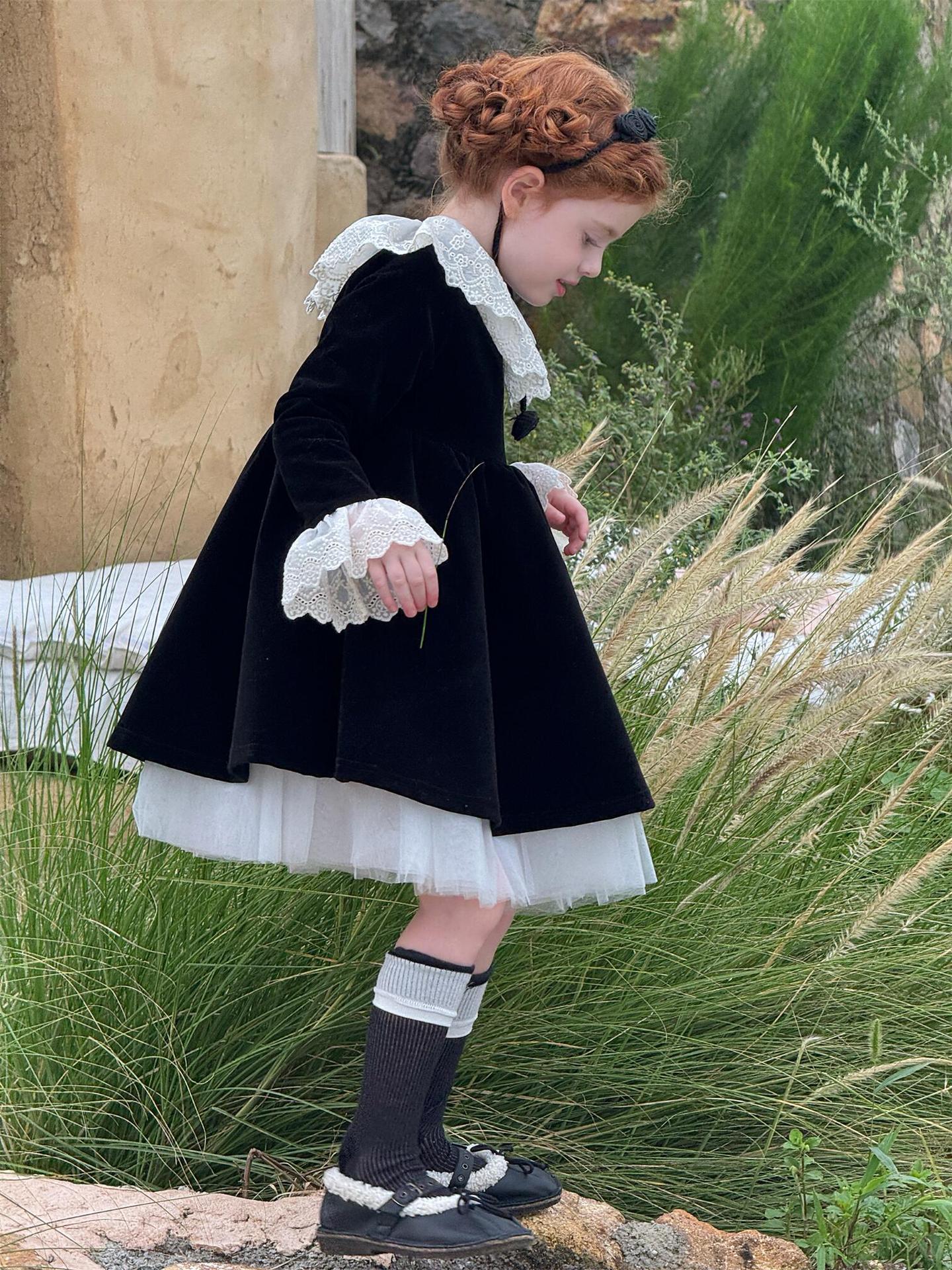 長袖ワンピース 長袖ワンピース レースフリルカラー パーティドレス【mh0011762】