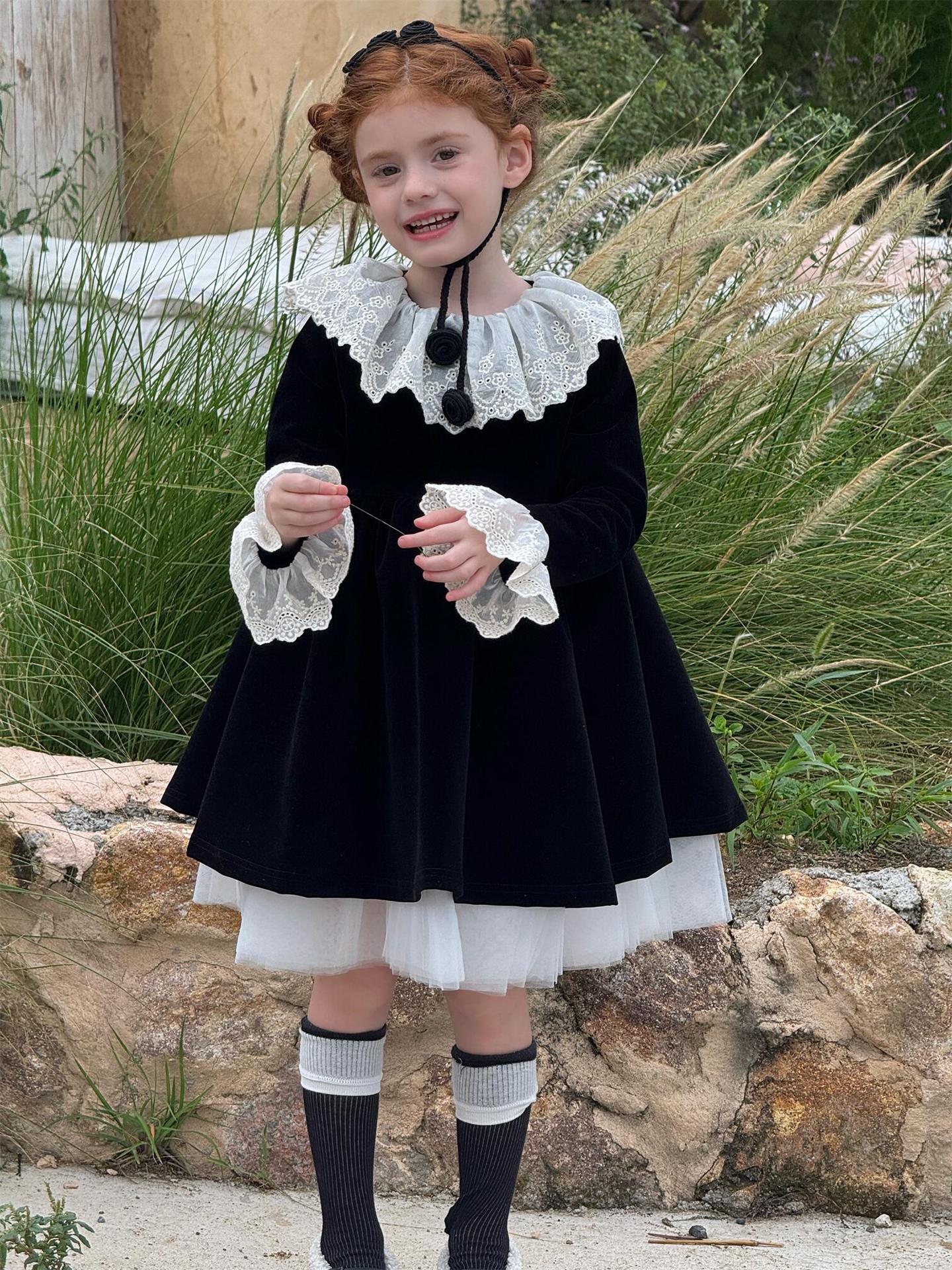 長袖ワンピース 長袖ワンピース レースフリルカラー パーティドレス【mh0011762】