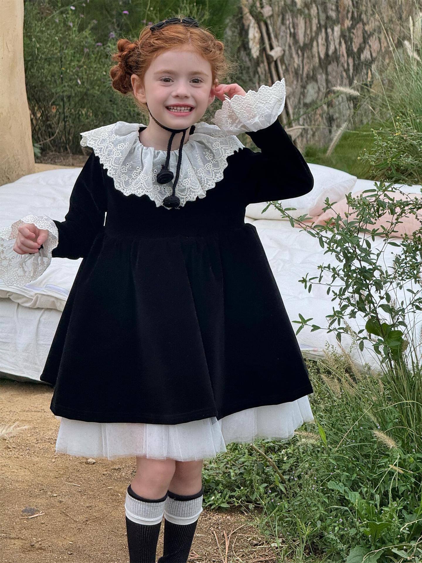 長袖ワンピース 長袖ワンピース レースフリルカラー パーティドレス【mh0011762】