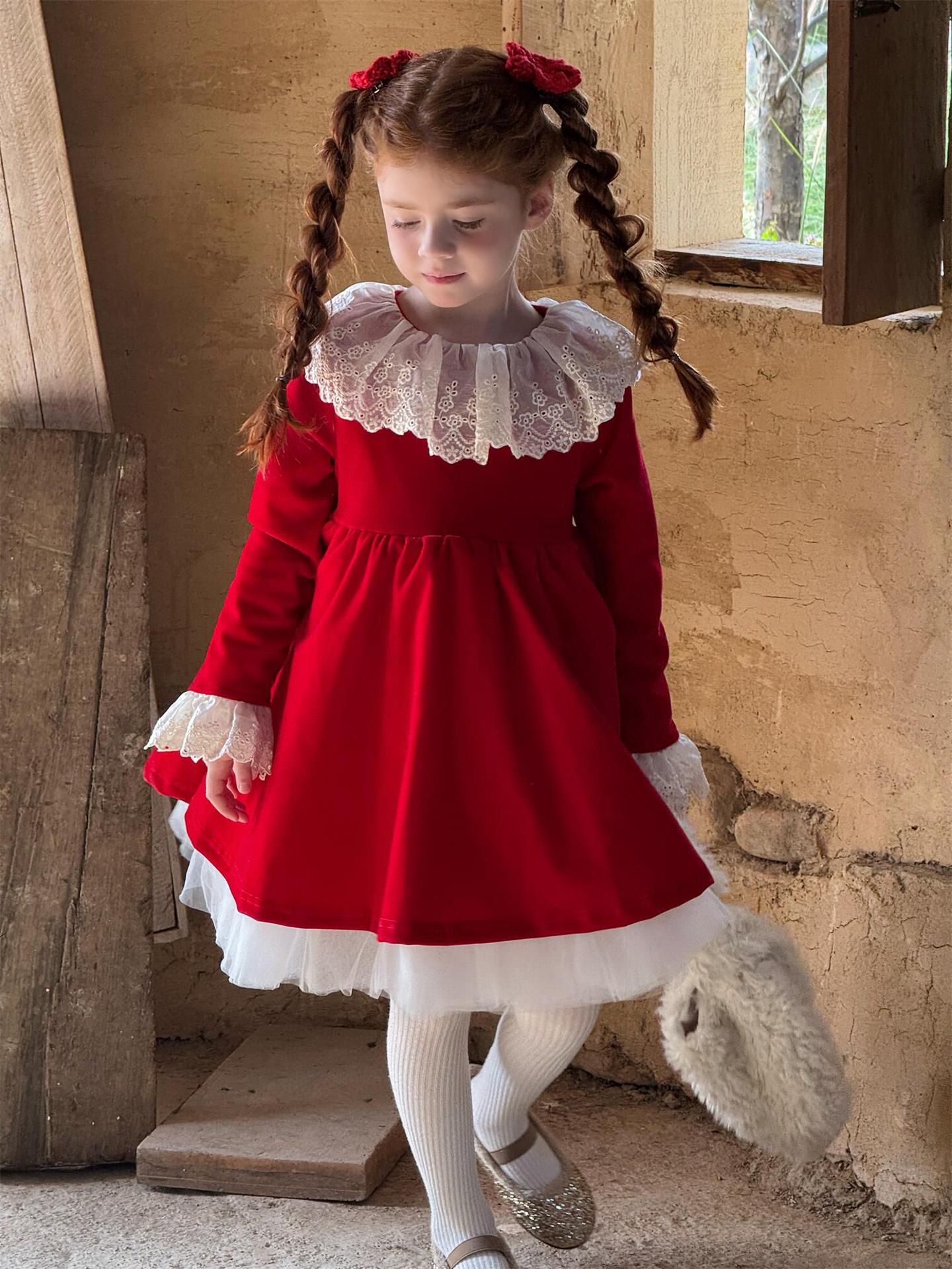 長袖ワンピース 長袖ワンピース レースフリルカラー パーティドレス【mh0011762】