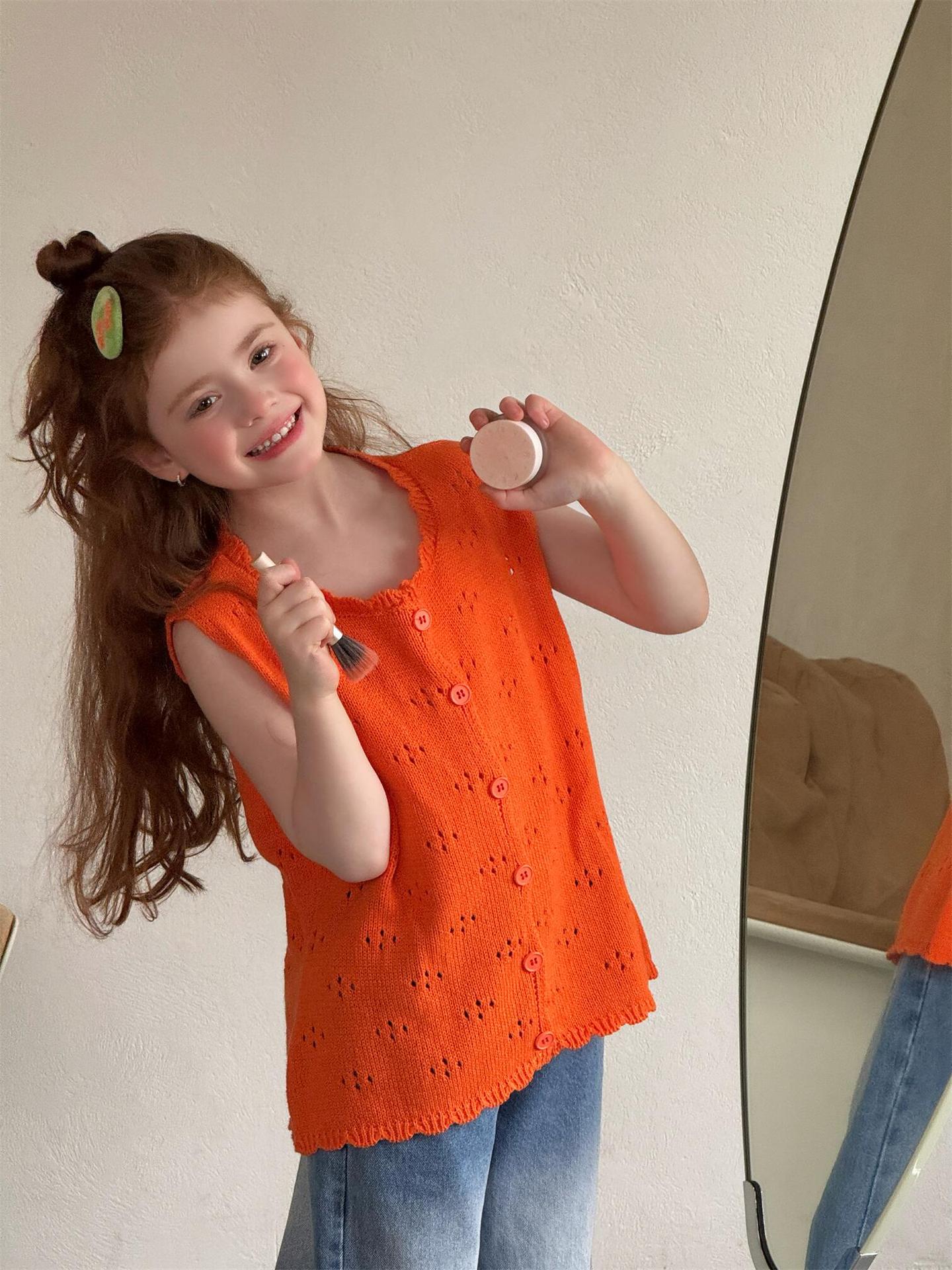 タンクトップ・キャミソール・ノースリーブトップス Orange / 90cm Solid Color Hollow Knit Vest 透かし編み ニットベスト【mh0012214】