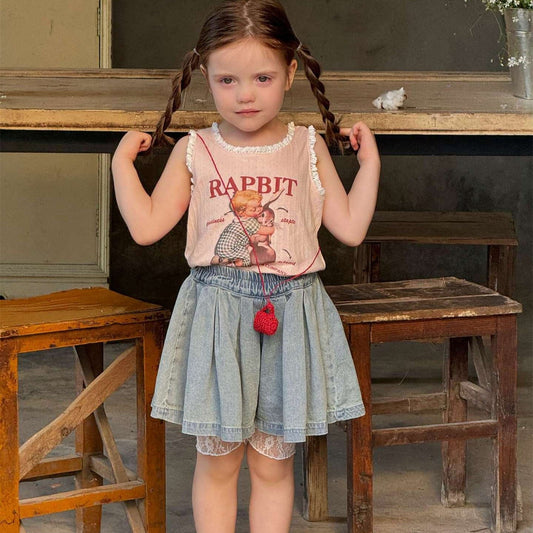 タンクトップ・キャミソール・ノースリーブトップス Pink / 90cm レースフリルプリントタンクトップ【mh0009868】