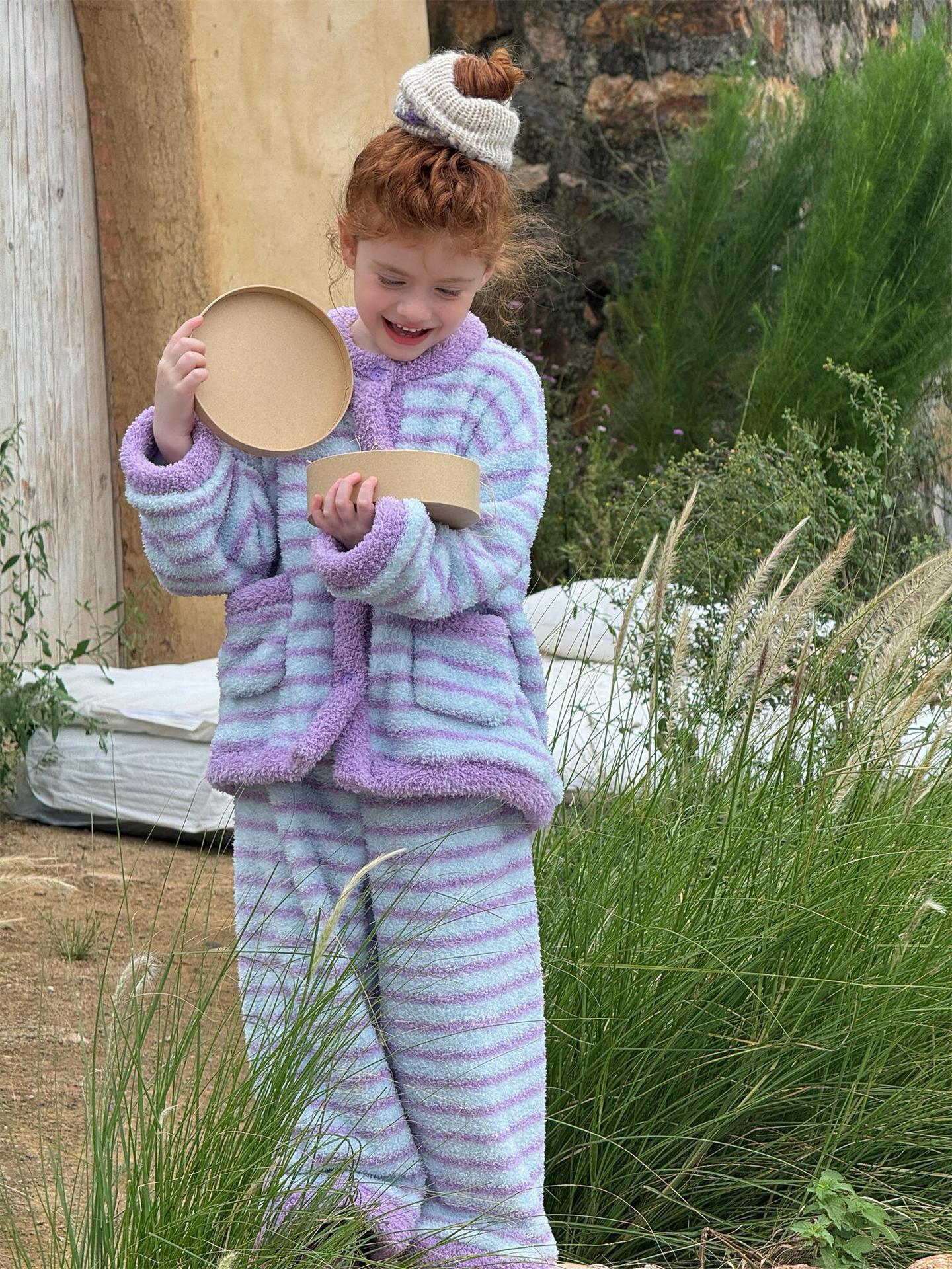 長袖パジャマ Purple / 90cm ルームウェア ボーダー もこもこフリース パジャマセットアップ 2点セット【mh0011745】