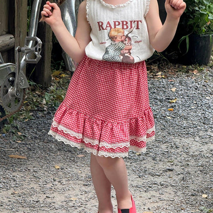 スカート Red / 90cm チェック裾レースフリルガーリースカート【mh0009877】