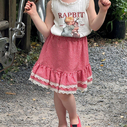 スカート Red / 90cm チェック裾レースフリルガーリースカート【mh0009877】