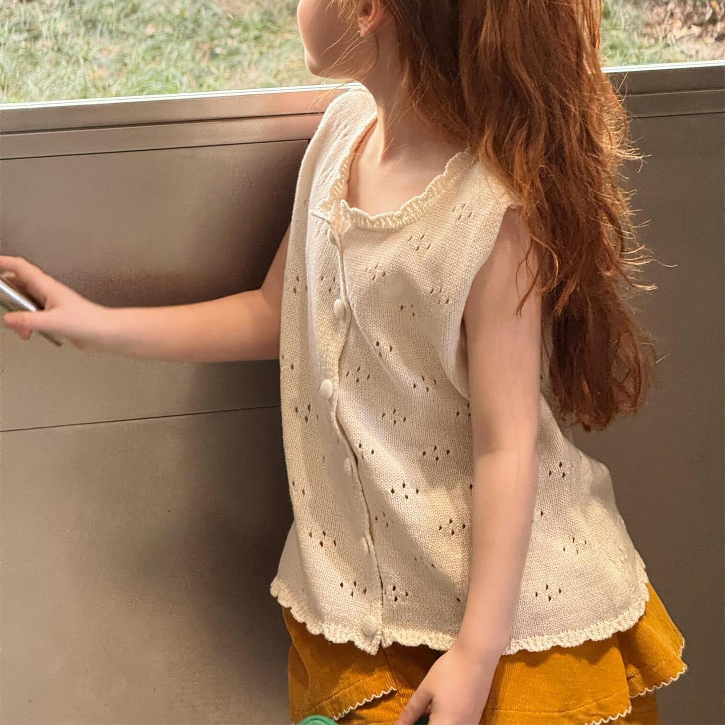 タンクトップ・キャミソール・ノースリーブトップス Solid Color Hollow Knit Vest 透かし編み ニットベスト【mh0012214】