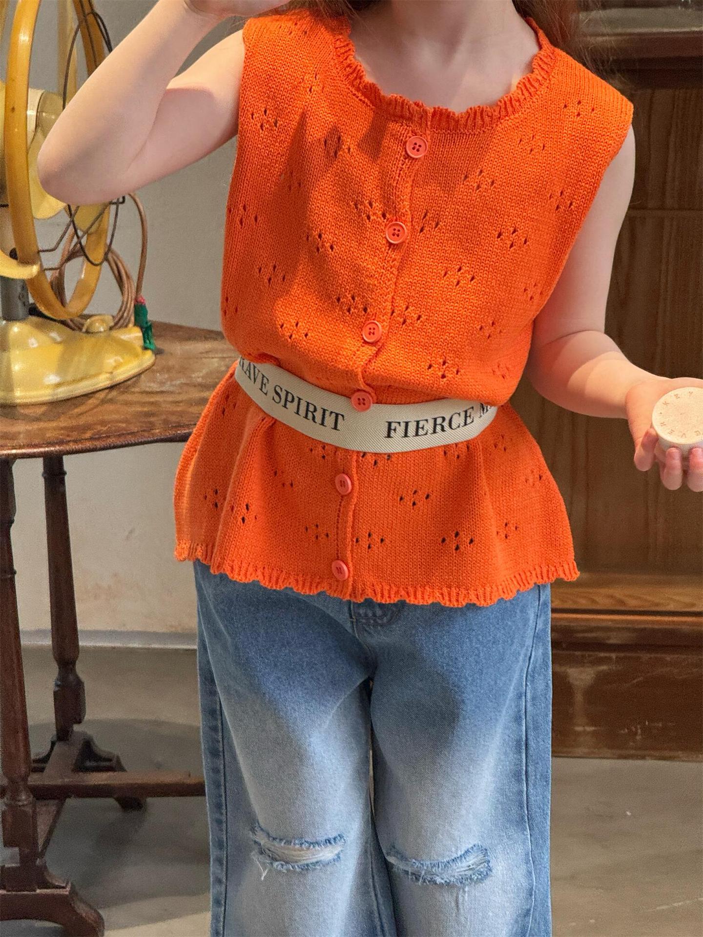 タンクトップ・キャミソール・ノースリーブトップス Solid Color Hollow Knit Vest 透かし編み ニットベスト【mh0012214】