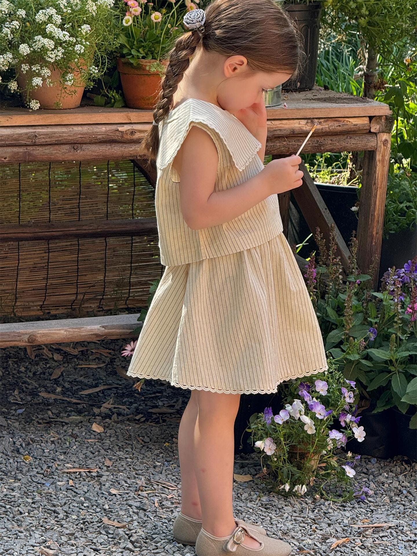 ノースリーブセットアップ Stripe / 90cm ストライプショールカラーノースリーブブラウス+レースウエストスカートセットアップ 2点セット【mh0009885】