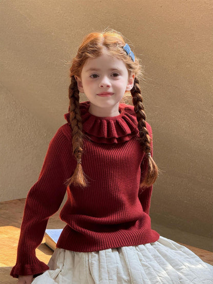 ニット・セーター 長袖カットソー ダブルラッフルカラー ニットTシャツセーター【mh0011756】