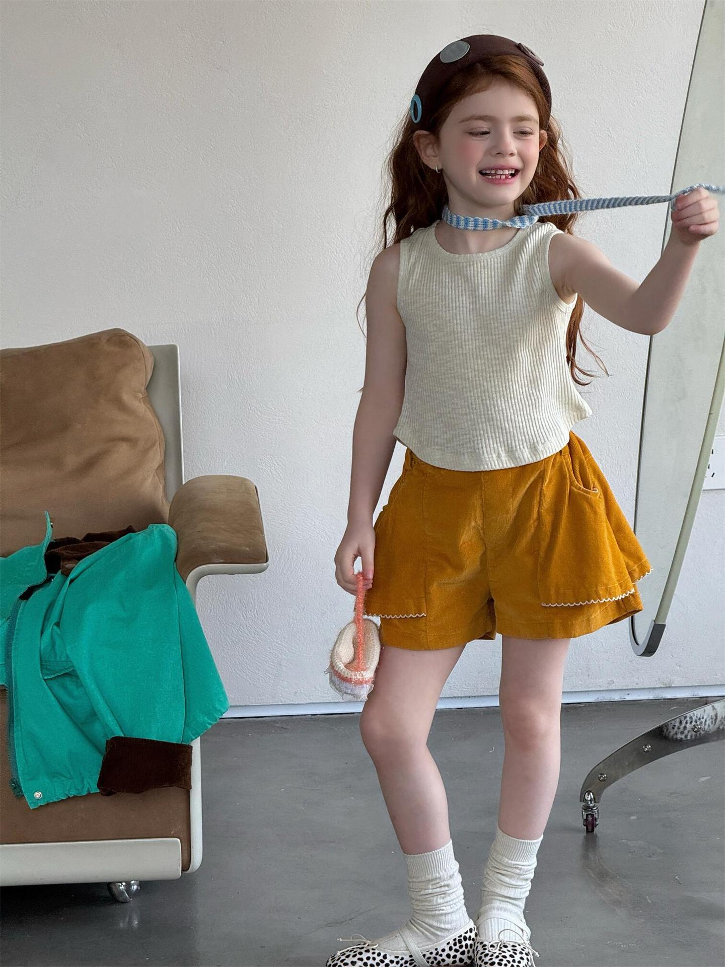 ハーフパンツ・ショートパンツ Yellow Corduroy Cute Shorts イエロー コーデュロイ ショートパンツ【mh0012213】