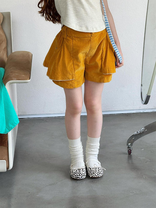 ハーフパンツ・ショートパンツ Yellow Corduroy Cute Shorts イエロー コーデュロイ ショートパンツ【mh0012213】