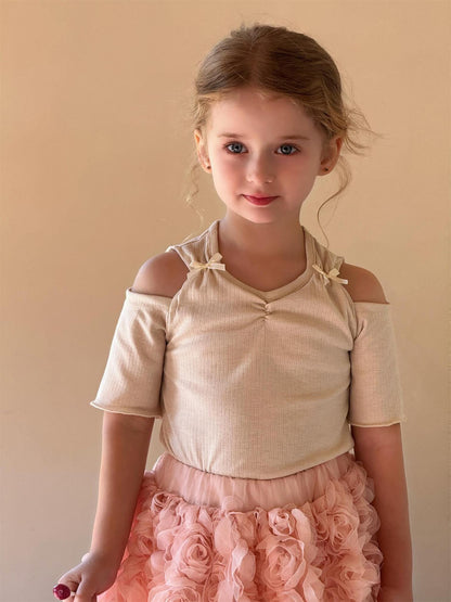 半袖Tシャツ Apricot / 90cm オープンショルダーリボン半袖Tシャツ【mh0010271】