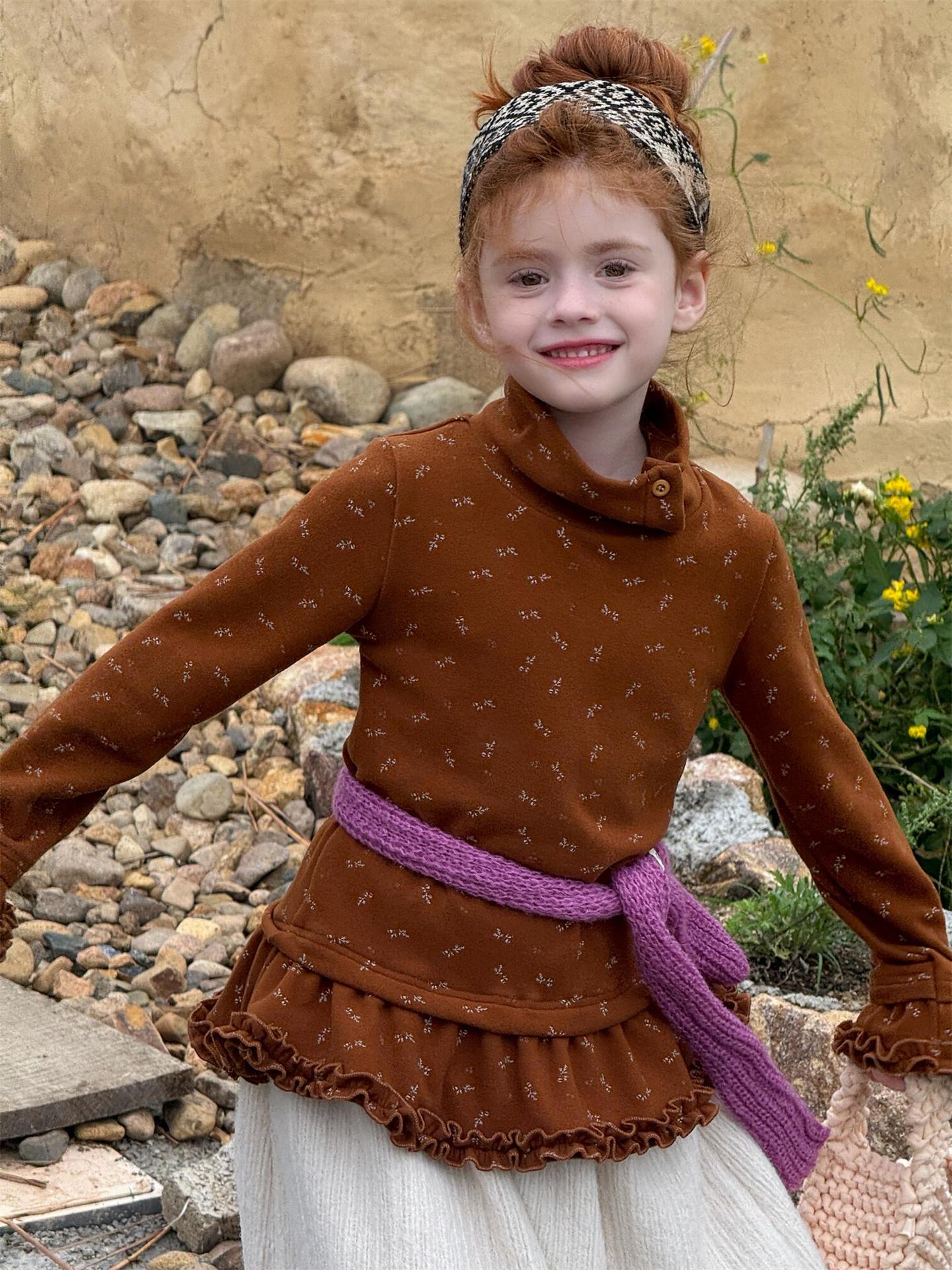 長袖Tシャツ Coffee / 90cm 長袖ハイネックTシャツ 花柄 裾フリル レイヤード【mh0011748】