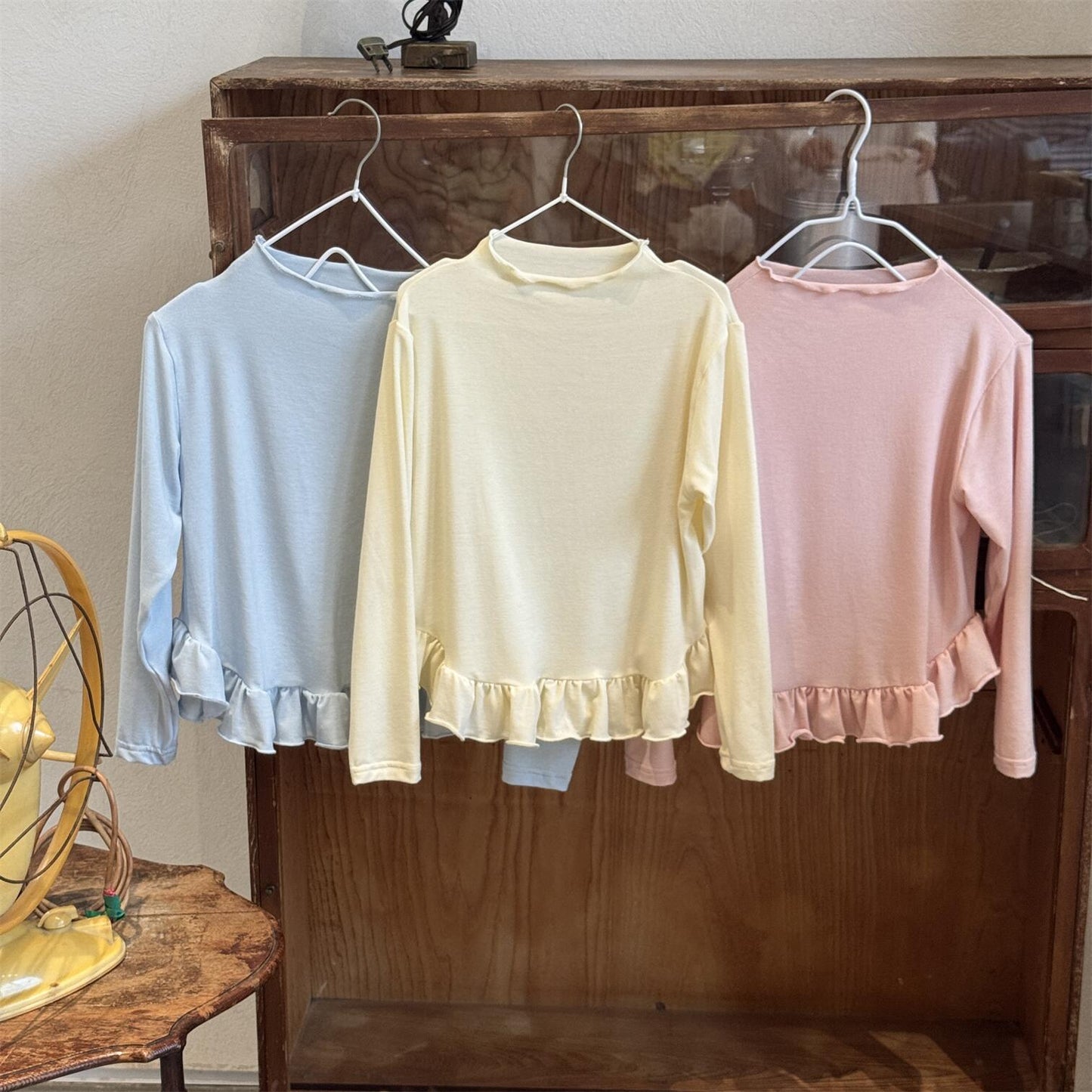 長袖Tシャツ Cream / 90cm Solid Fungus Edge Soft Top メロウフリル リブトップス【mh0012225】