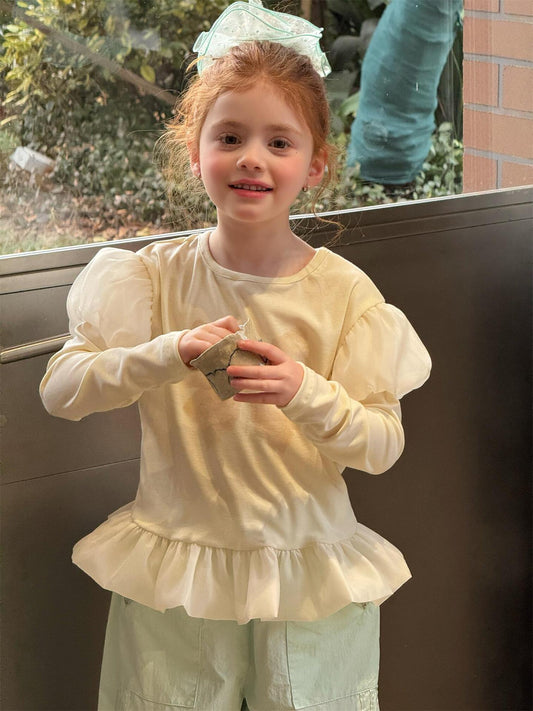 長袖Tシャツ Creamy White / 90cm Bow Print Puff Sleeve Top プリント パフスリーブ トップス【mh0012228】