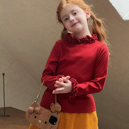 長袖Tシャツ Red / 90cm 長袖Tシャツ ラッフルフリルカラー カットソー【mh0011761】