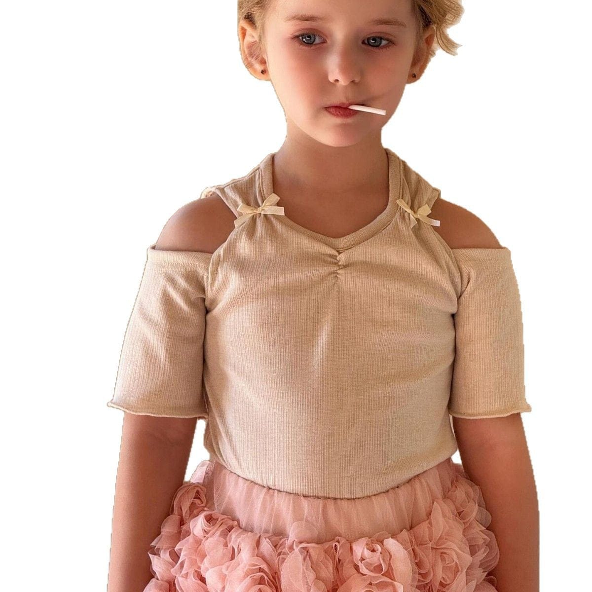 半袖Tシャツ オープンショルダーリボン半袖Tシャツ【mh0010271】