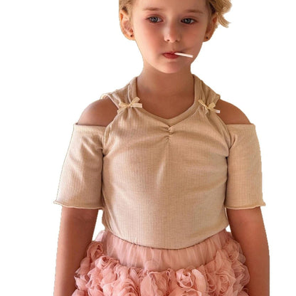 半袖Tシャツ オープンショルダーリボン半袖Tシャツ【mh0010271】