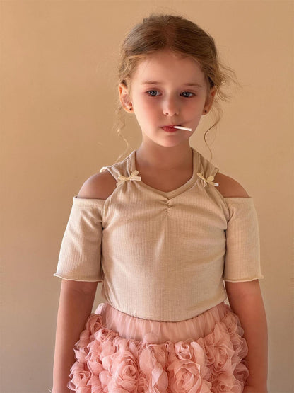 半袖Tシャツ オープンショルダーリボン半袖Tシャツ【mh0010271】