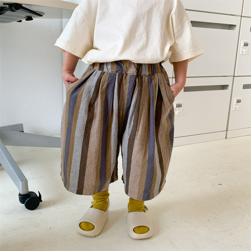 ロングパンツ・スウェットパンツ Coffee / 80cm キッズ ストライプ ルーズ ワイド 半端丈 ガウチョ クロップドパンツ【mh0001691】