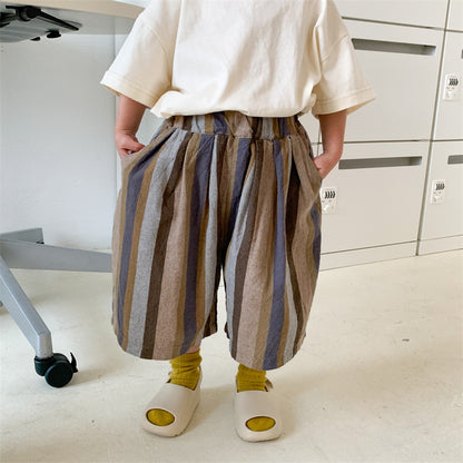 ロングパンツ・スウェットパンツ Coffee / 80cm キッズ ストライプ ルーズ ワイド 半端丈 ガウチョ クロップドパンツ【mh0001691】