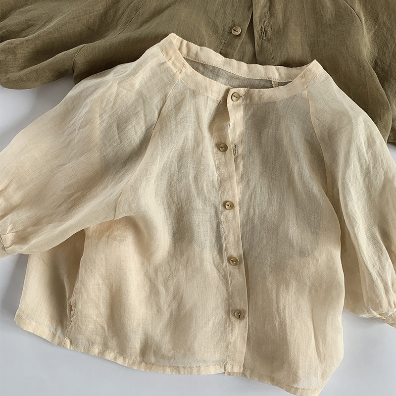Kids Cotton Linen Shirt キッズ コットンリネン 長袖シャツ【mh0002141】 Apricot / 12M/80cm 명옥 muziyouyou 長袖シャツ・ブラウス