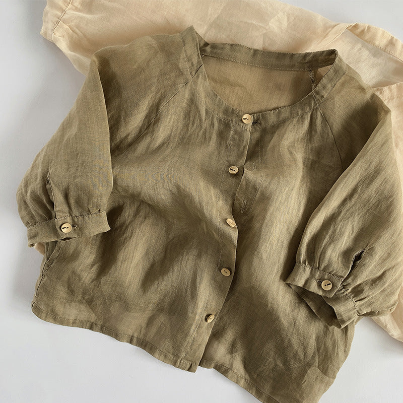 Kids Cotton Linen Shirt キッズ コットンリネン 長袖シャツ【mh0002141】 Khaki Green / 12M/80cm 명옥 muziyouyou 長袖シャツ・ブラウス
