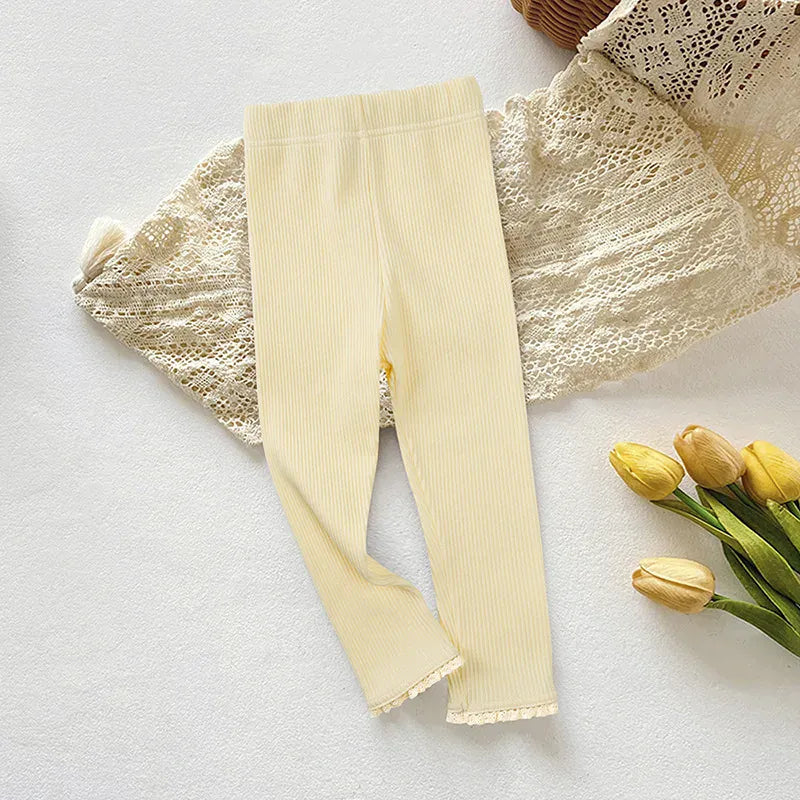 レギンスパンツ beige / 24M  90cm キッズパンツ 裾レースパステルカラーシンプルレギンスパンツ【mh-0008578】