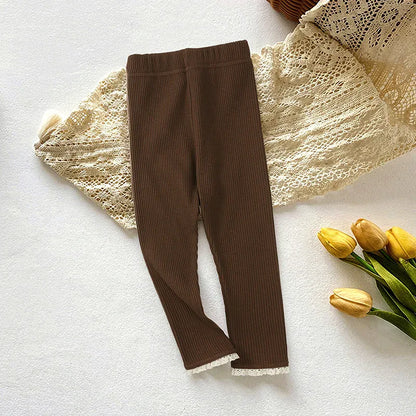 レギンスパンツ coffee / 24M  90cm キッズパンツ 裾レースパステルカラーシンプルレギンスパンツ【mh-0008578】