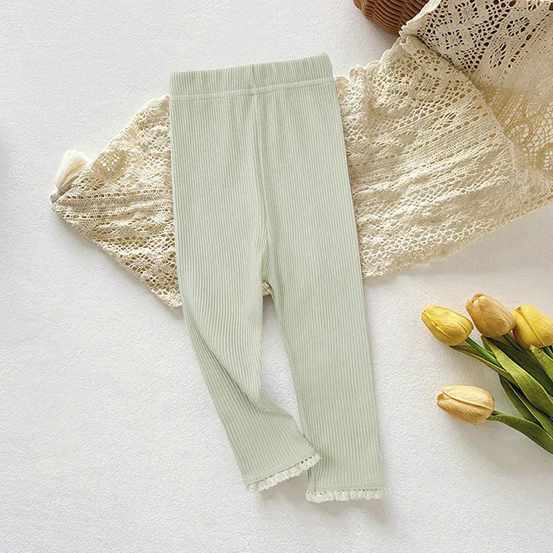 レギンスパンツ green / 24M  90cm キッズパンツ 裾レースパステルカラーシンプルレギンスパンツ【mh-0008578】