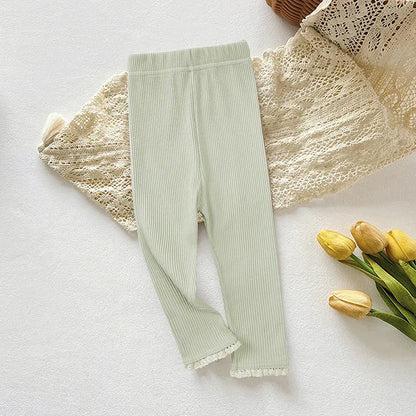 レギンスパンツ green / 24M  90cm キッズパンツ 裾レースパステルカラーシンプルレギンスパンツ【mh-0008578】