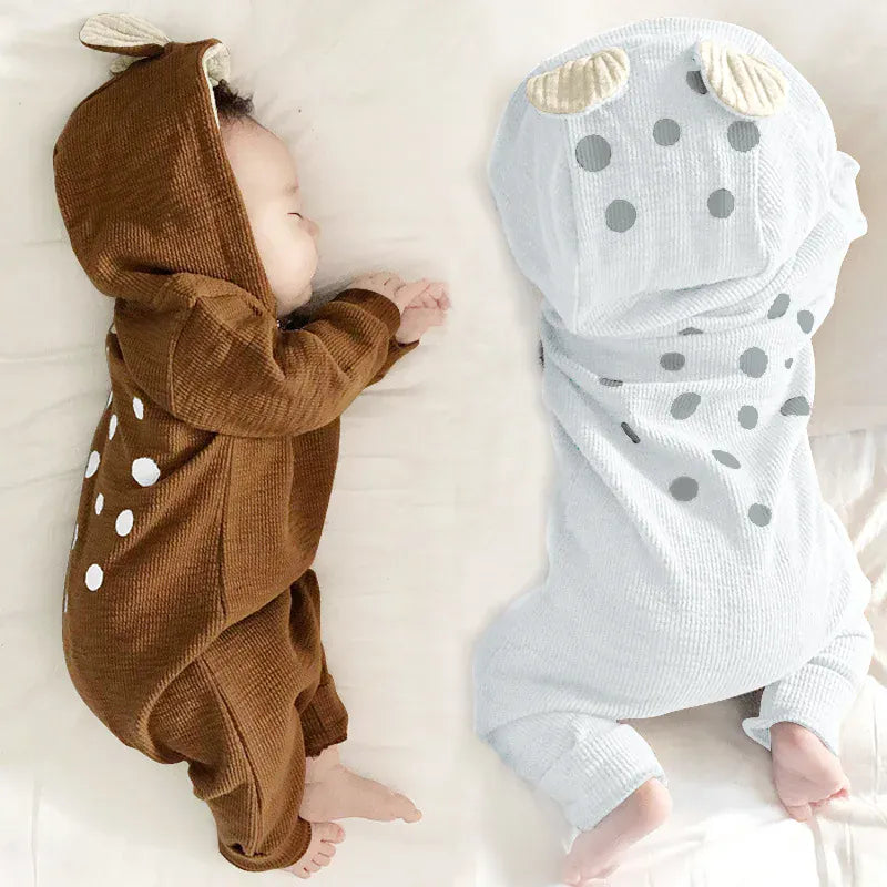 長袖ジャンプスーツ ベビージャンプスーツ 鹿ディア耳付きフーディジップアップコスチュームロンパース【mh0008800】