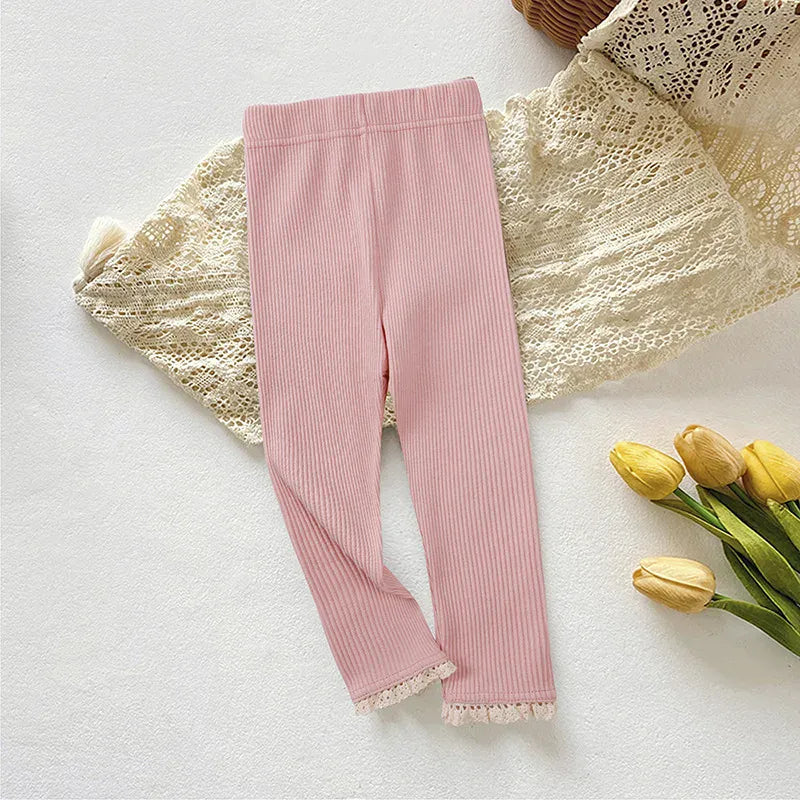 レギンスパンツ pink / 24M  90cm キッズパンツ 裾レースパステルカラーシンプルレギンスパンツ【mh-0008578】
