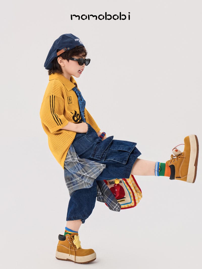 Knitted Letter Polo & Denim Shorts ニットポロシャツ デニムハーフパンツ【mh0013000】 momobobi 半袖セットアップ