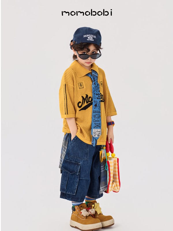 Knitted Letter Polo & Denim Shorts ニットポロシャツ デニムハーフパンツ【mh0013000】 momobobi 半袖セットアップ