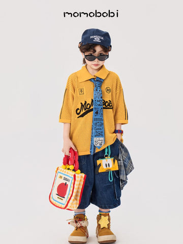 Knitted Letter Polo & Denim Shorts ニットポロシャツ デニムハーフパンツ【mh0013000】 momobobi 半袖セットアップ