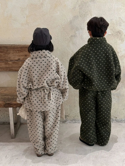 長袖セットアップ キッズセットアップ 2点セット プリントボアフリースハーフジップ長袖トップス+ロングパンツ 2カラー【mh0007592】