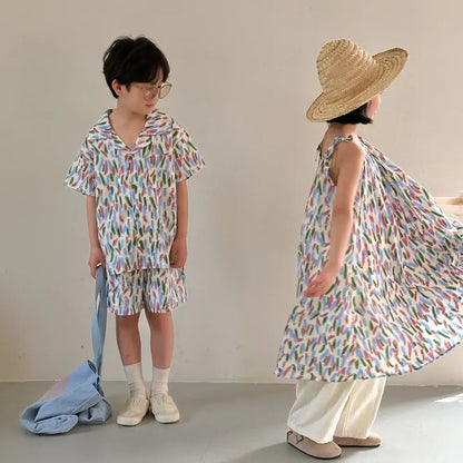 半袖セットアップ キッズセットアップ 2点セット/ワンピース ボーイズ半袖シャツ+ショートパンツ/ガールズキャミワンピ カラフル リンクコーデ 兄弟姉妹 お揃いコーデ【mh0004884】