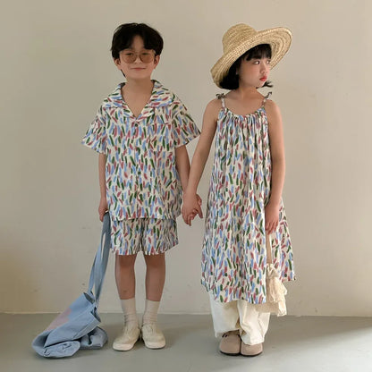 半袖セットアップ キッズセットアップ 2点セット/ワンピース ボーイズ半袖シャツ+ショートパンツ/ガールズキャミワンピ カラフル リンクコーデ 兄弟姉妹 お揃いコーデ【mh0004884】