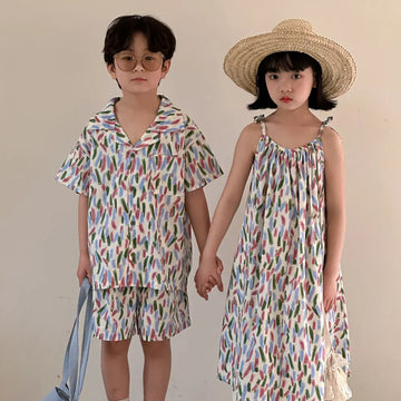 半袖セットアップ キッズセットアップ 2点セット/ワンピース ボーイズ半袖シャツ+ショートパンツ/ガールズキャミワンピ カラフル リンクコーデ 兄弟姉妹 お揃いコーデ【mh0004884】