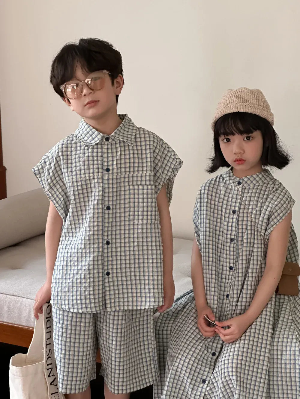 半袖セットアップ キッズセットアップ 2点セット/ワンピース ボーイズ半袖シャツ+ショートパンツ/ガールズノースリーブフロントオープンワンピ チェック リンクコーデ 兄弟姉妹 お揃いコーデ【mh0004885】