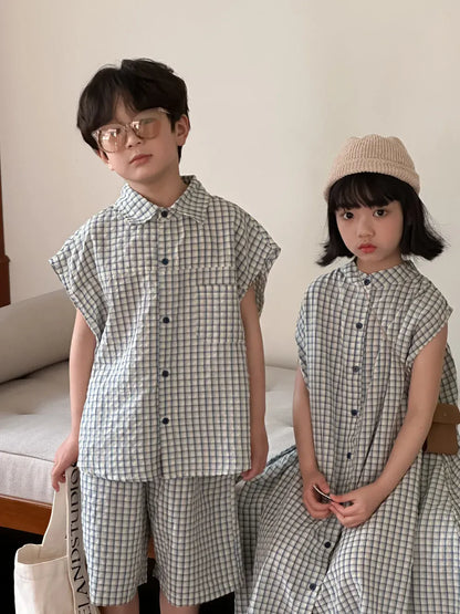 半袖セットアップ キッズセットアップ 2点セット/ワンピース ボーイズ半袖シャツ+ショートパンツ/ガールズノースリーブフロントオープンワンピ チェック リンクコーデ 兄弟姉妹 お揃いコーデ【mh0004885】