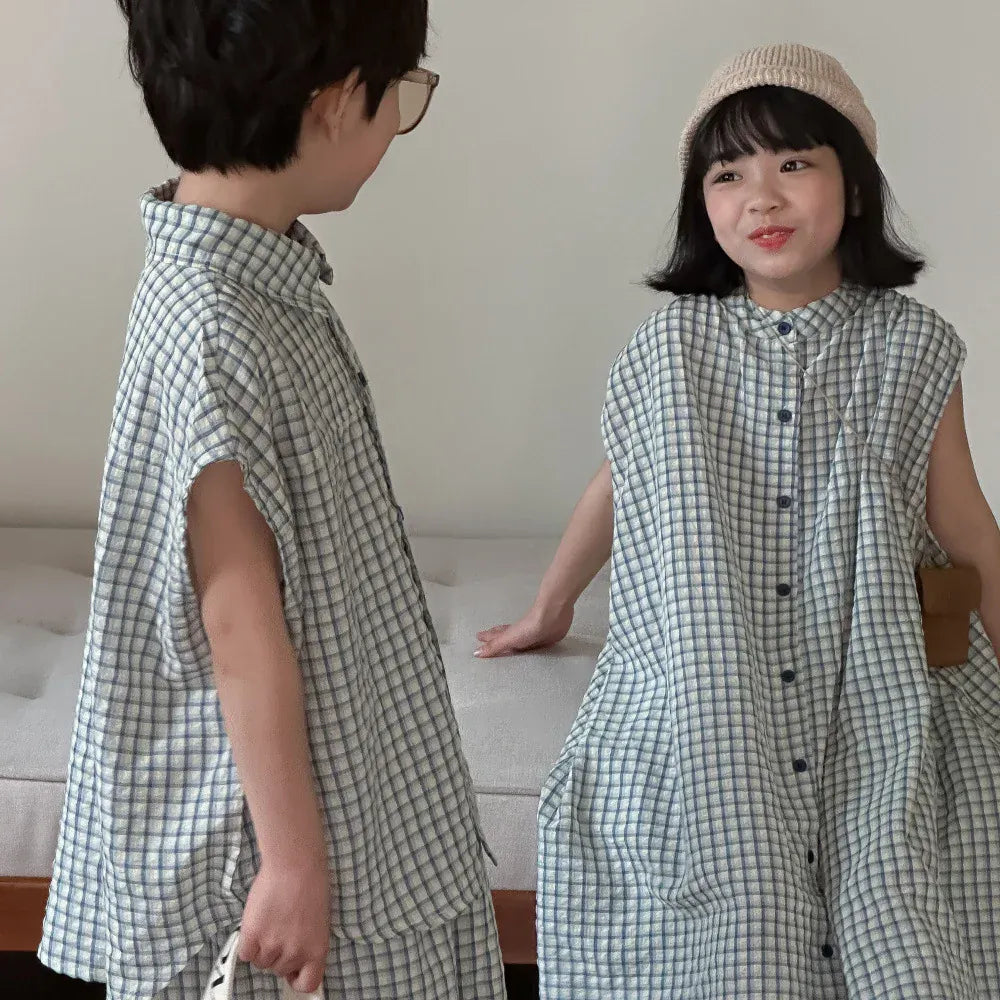 半袖セットアップ キッズセットアップ 2点セット/ワンピース ボーイズ半袖シャツ+ショートパンツ/ガールズノースリーブフロントオープンワンピ チェック リンクコーデ 兄弟姉妹 お揃いコーデ【mh0004885】