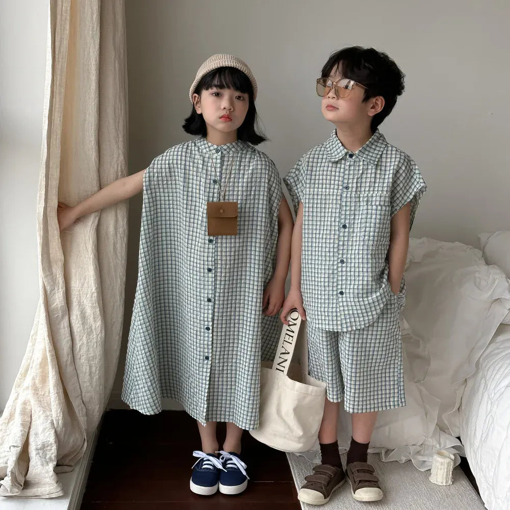 半袖セットアップ キッズセットアップ 2点セット/ワンピース ボーイズ半袖シャツ+ショートパンツ/ガールズノースリーブフロントオープンワンピ チェック リンクコーデ 兄弟姉妹 お揃いコーデ【mh0004885】
